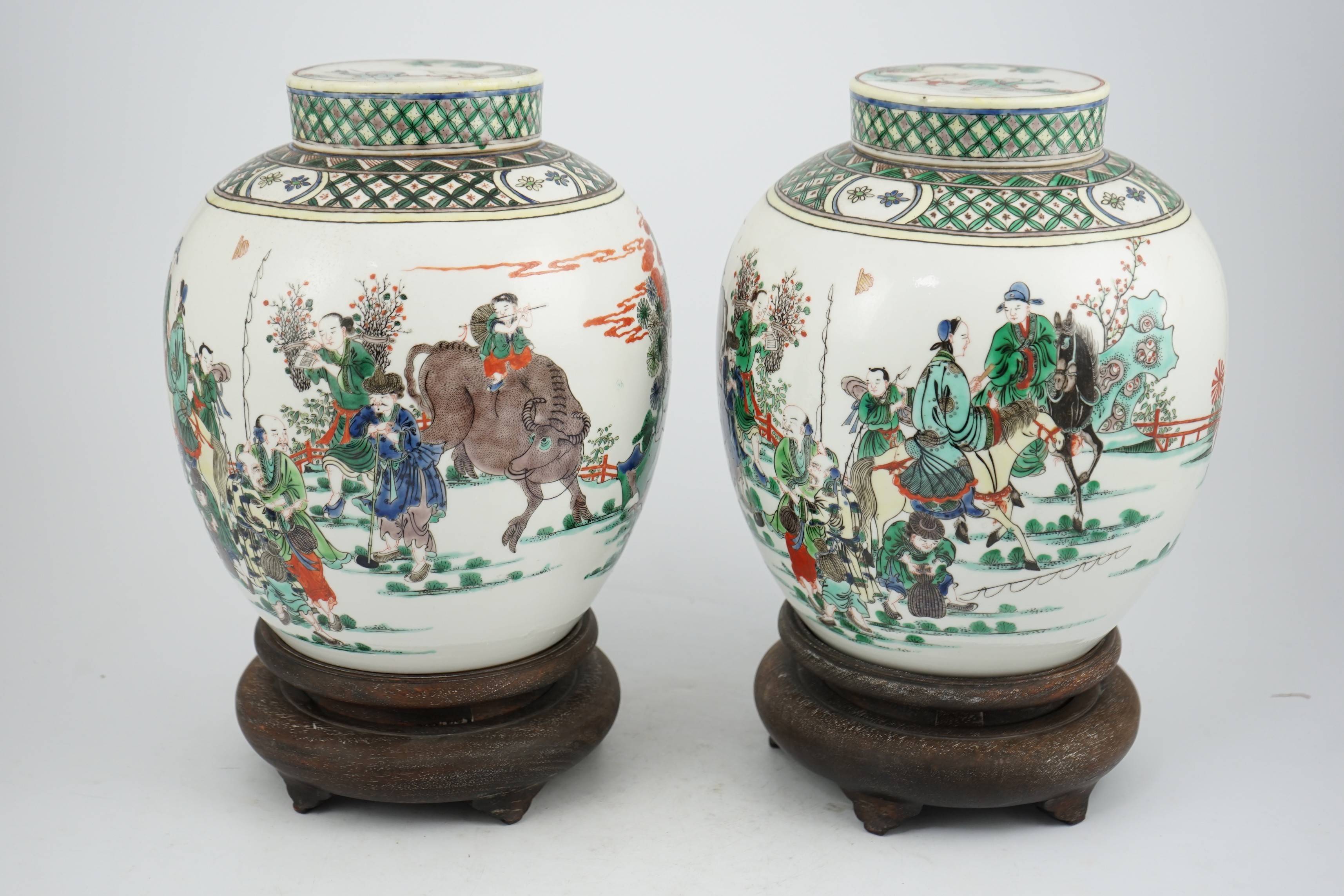 A pair of large Chinese famille verte globular jars and covers, early 20th century